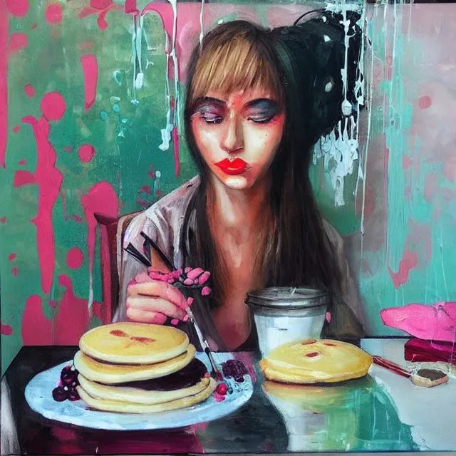 Image similar to “ sensual, a portrait in a female art student ’ s apartment, pancakes, woman drinking an iced latte from a painting, berries, art supplies, a candle dripping white wax, berry juice drips, neo - expressionism, surrealism, acrylic and spray paint and oilstick on canvas ”