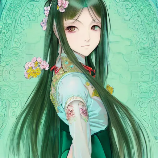 Prompt: adult girl with long aqua glass hair, aqua glass eyes, a small pigtail on the left side, chinese dress, chinese style, anime style, hyper detailed, light green dress, illustration, digital painting, art by artgerm and greg rutkowski and alphonse mucha, high delicate defined details, anime stylized, highly detailed, realistic, sharp focus, aqua glass