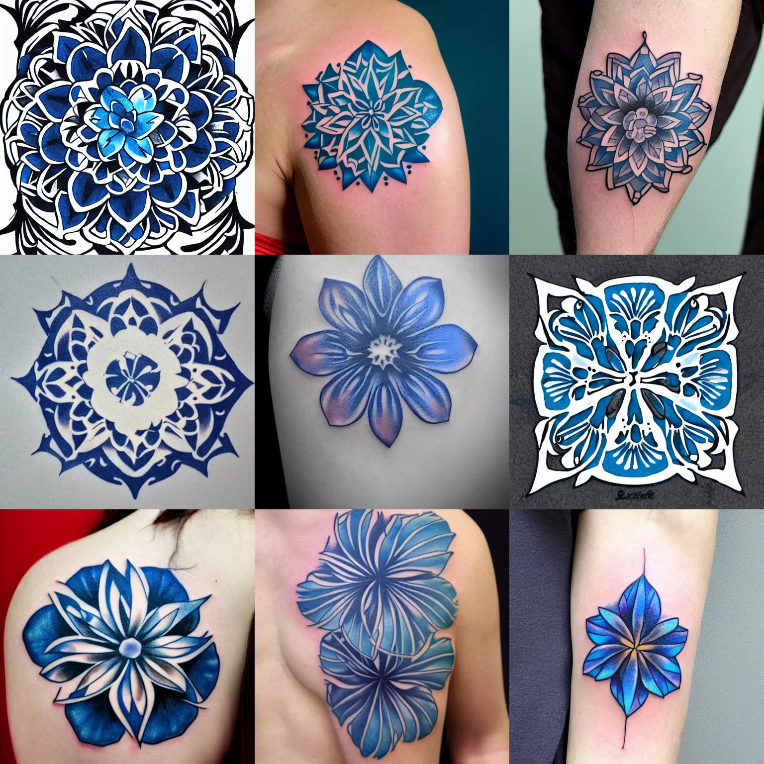Prompt: catroon die cut tattoo of blue hawaiian flower with white border on gray background