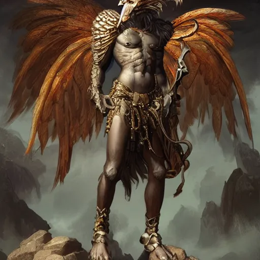 Image similar to full body shot of a male god with feathered wings on his shoulder, standing in front of a gate, digital art by raymond swanland and peter mohrbacher, 8 k,