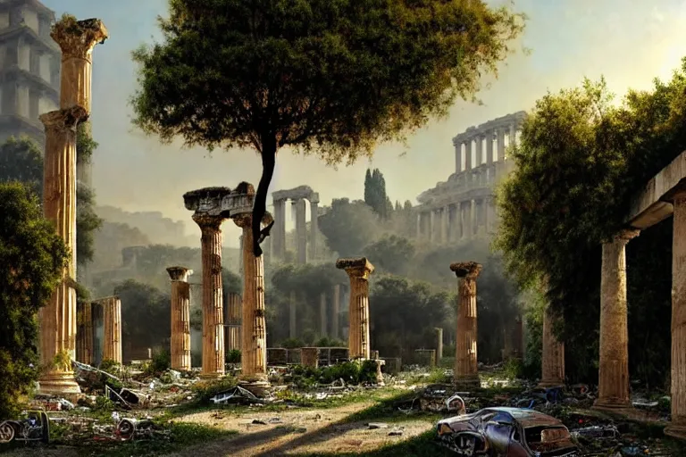 Prompt: tree growing in ancient greek ruins, gray wasteland, many scrap cars, trash, rubble, overgrown, pillars and arches, flowers, vines, hyperrealistic, highly detailed, cinematic, single ray of golden sunlight, beautiful, cgssociety, artstation, 8 k, oil painting by greg rutkowski, by artgerm, by wlop
