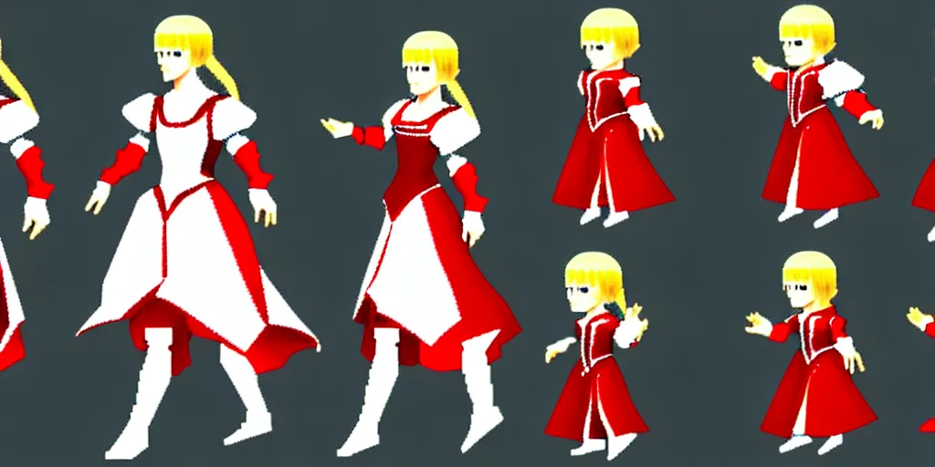 Image similar to walking cycle sprite sheet of a girl in a renaissance dress, walking to the right, each sprite is a different frame of the animation, in the style of final fantasy games, side view of her taking steps, accurate walk cycle, walk cycle, walk cycle, red and white dress