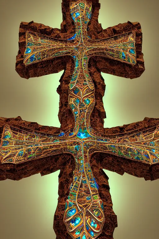 Image similar to a crystalline 3 d mandelbulb fractal in the shape of a christian cross, bioluminescent opal, fractal, magnificent lighting, ethereal, ray tracing, octane, holographic