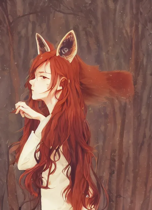 Prompt: girl with fox ears, tired eyes, long wavy orange hair, light brown trenchcoat, forest background, focus on face, pretty, moody lighting, painterly, illustration by shigenori soejima