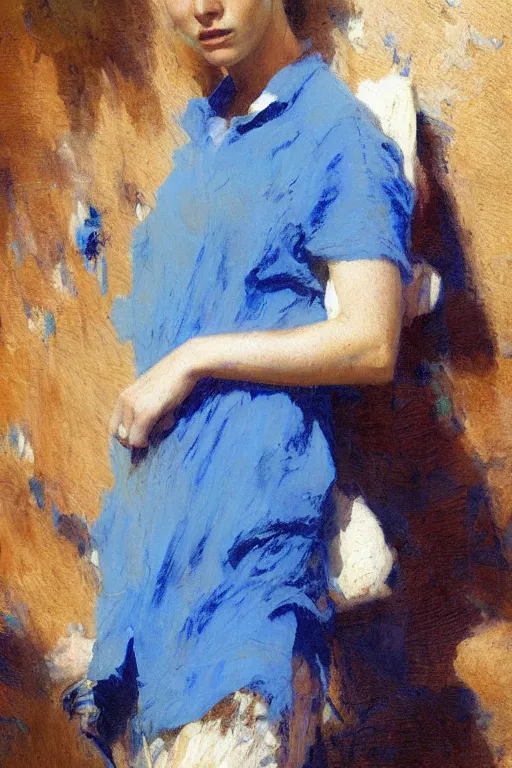 Prompt: a woman in a blue shirt, painting by Gaston Bussiere, Craig Mullins