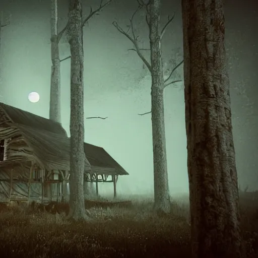 Image similar to an old wooden house standing on giant chicken legs. dark forest of dead trees. night. moonlight. mystery. thrill. photorealistic. hyper detailed. cinematic. epic composition