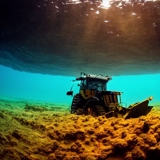 Prompt: ultrawide shot backlit ploughing the seabed underwater