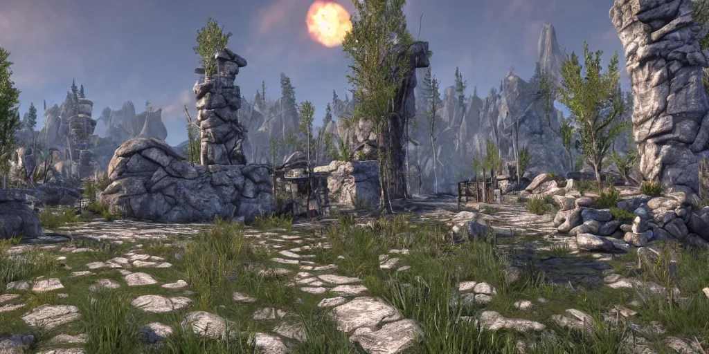 Image similar to elder scrolls 6: valenwood game screenshot, next-gen graphics, global illumination, 4k textures, high resolution, distant terrain rendering