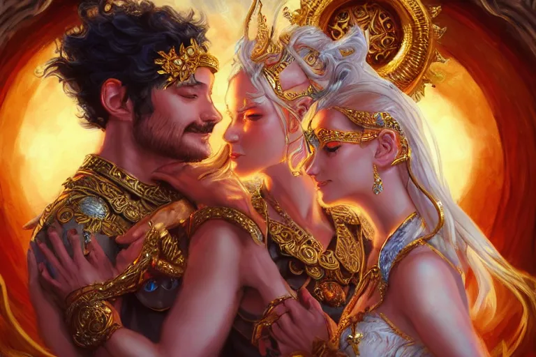 Image similar to close up moment of a divine a sun god and a moon goddess lovers magician at a wedding banquet, highly detailed, d & d, fantasy, highly detailed, digital painting, trending on artstation, concept art, sharp focus, illustration, art by artgerm and daniel gerhartz and magali villeneuve