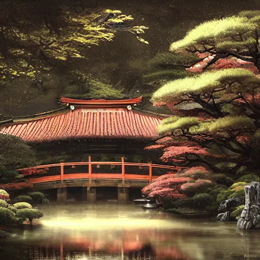 Image similar to A detailed scene of a traditional japanese garden with a tea house and bridge, beautiful, digital painting, concept art, serene, by Greg Rutkowski and Magali Villeneuve