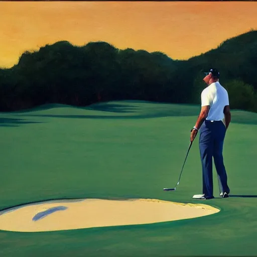 Image similar to tiger woods playing golf on the moon, painted by edward hopper