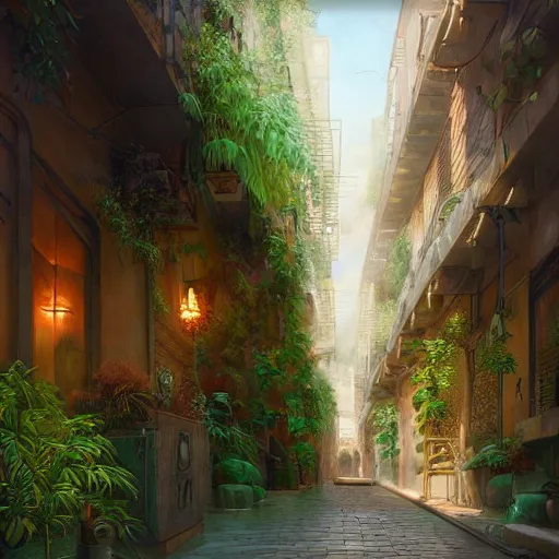 Image similar to a painting of a bronze art-deco alley lined with plants, a detailed matte painting by Anka Zhuravleva, cgsociety, light and space, rendered in unreal engine, artstation hq, artstation hd