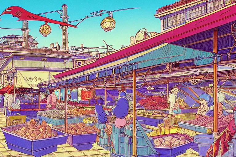 Image similar to cel-shaded study of a coastal city fish market a late renaissance city docks, key visual with intricate linework, in the style of moebius, ayami kojima, 90's anime, retro fantasy