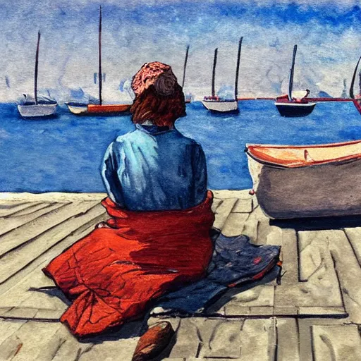 Prompt: in the style of iraklij toidze. woman sitting at the harbour. fine detail