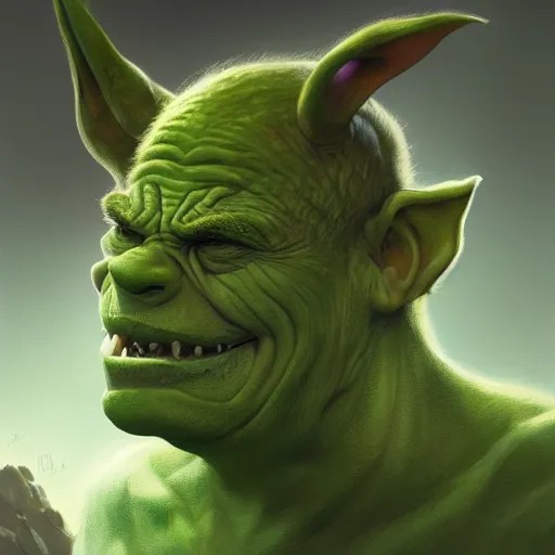 Image similar to Epic portrait A green fat goblin with a sharp chin stealing bag of money with his hands, Side profile, sharp teeth, small, digital painting, artstation, concept art, soft light, hdri, smooth, sharp focus, illustration, fantasy, intricate, elegant, highly detailed, D&D, matte painting, in the style of Greg Rutkowski and Alphonse Mucha and artemisia, 8k, highly detailed, jurgens, rutkowski, bouguereau, pastoral, rustic, georgic