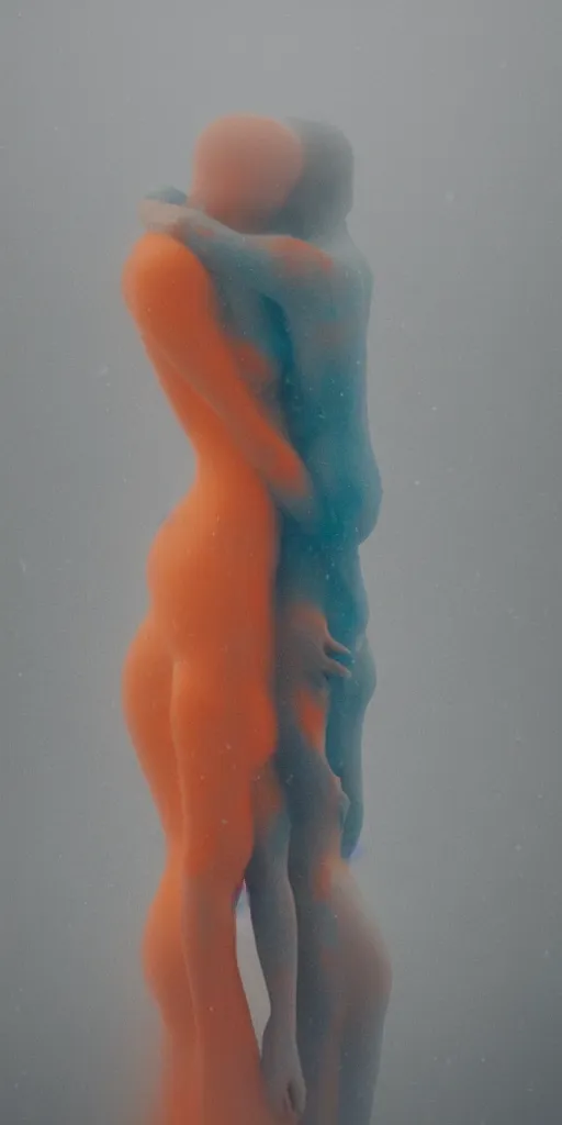 Image similar to a blurry closeup picture of gorgeous human bodies intertwined, female bodies, no face, dripping wet, macro photography, long exposure photograph, surrealism, anamorphic bokeh, cozy, soft light, cyan and orange, caustic, atmospheric fog, octane render, cinematic