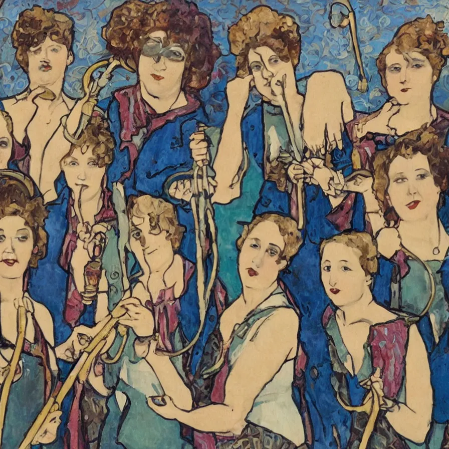 Prompt: an art nouveau painting of six punk rockers holding toilet plungers and feather dusters .