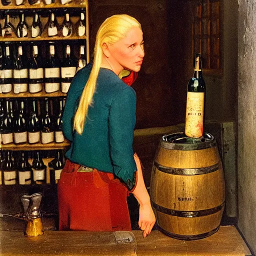 Prompt: hot blonde working in a wine cellar, food, pork, beer, schnapps, rustic, traditional, torches on the wall, delicate embellishments, painterly, offset printing technique, photographed on kodachrome by brom, robert henri, walter popp