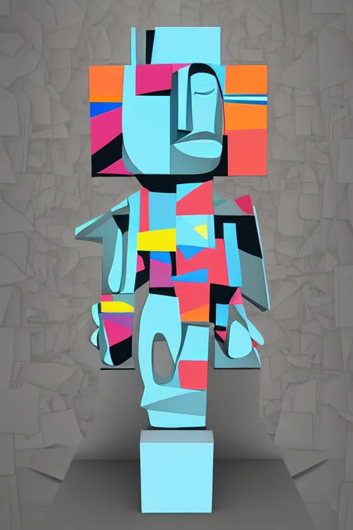 Image similar to cubist moai statue cutout digital illustration cartoon colorful beeple