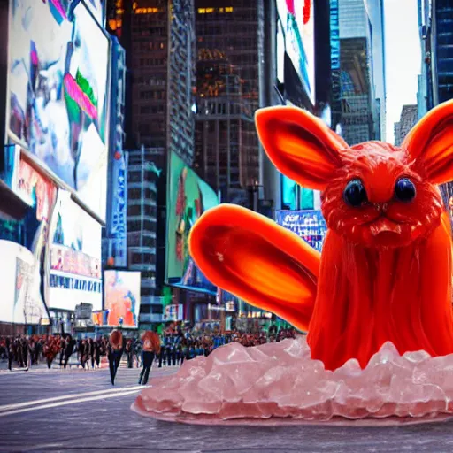 Image similar to a realistic sculpture made out of jelly of a very scary bunny with sharp teeth made by michelangelo, standing in times square, 3 d render, hyper detailed, sharp focus, 8 k resolution