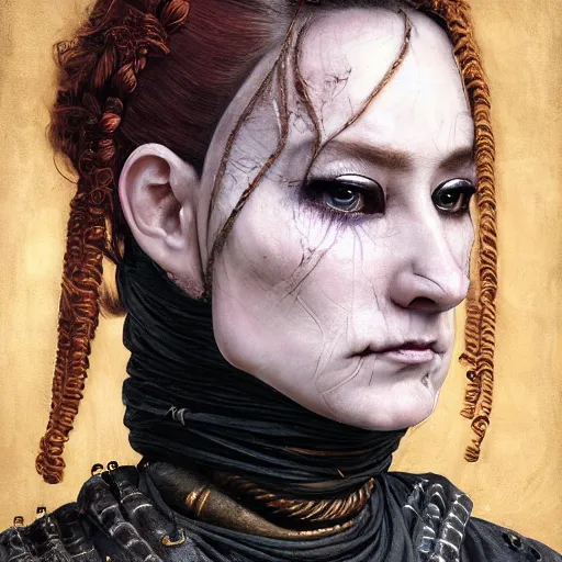 Image similar to portrait of a Shibari rope wrapped face and neck, headshot, insanely nice professional hair style, dramatic hair color, digital painting, of a old 15th century, old cyborg merchant, amber jewels, baroque, ornate clothing, scifi, realistic, hyperdetailed, chiaroscuro, concept art, art by Franz Hals and Jon Foster and Ayami Kojima and Amano and Karol Bak,