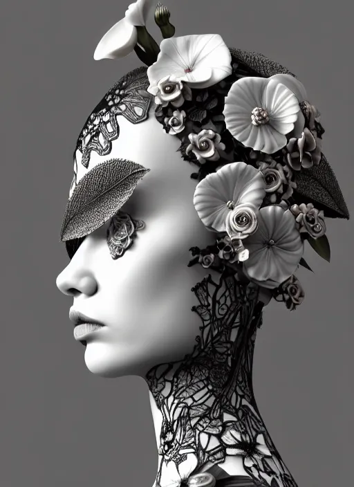 Prompt: monochrome 3 d model, floral steampunk biomechanical beautiful young female cyborg with porcelain profile face and a big floral eye, volumetric light, leaves foliage and stems, hibiscus flowers, boho floral vines, sinuous fine roots, fine foliage lace, alexander mcqueen, rim light, big gothic pearl embroidered collar, octane render, 8 k
