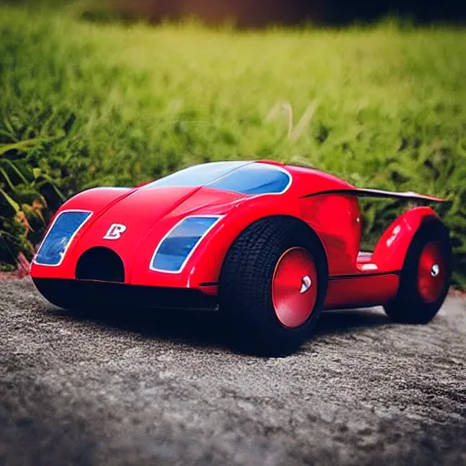 Prompt: “Red Bugatti hover car, 35 mm product photo”