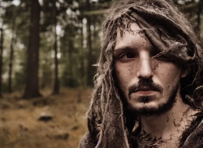 Prompt: character and environment photography, portrait shamanistic infested 2 0 - year - old male druid, messy hair, old tattered robe, medium shot, wide angle, 2 0 0 px, low key