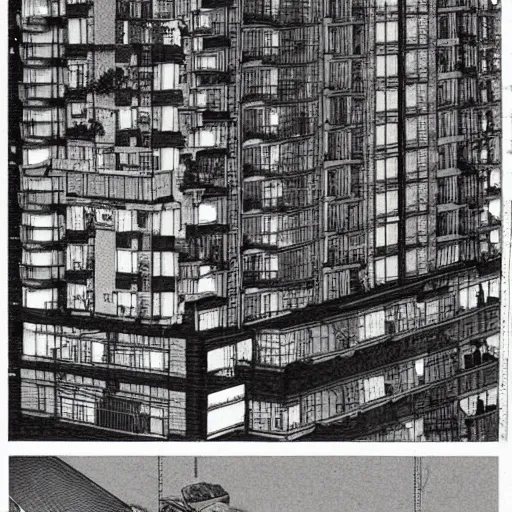 Image similar to a complex of apartments, by katsuhiro otomo, realistic, highly detailed