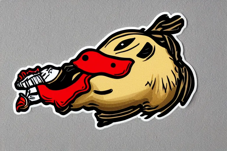 Image similar to a sticker illustration of a smoking duck in lowbrow art style, highly detailed, elegant, intricate