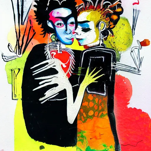 Image similar to watercolor painting of two bizarre psychedelic goth women kissing each other closeup in a sushi bar in japan, speculative evolution, mixed media collage by basquiat and jackson pollock, maximalist magazine collage art, sapphic art, lesbian art, chemically damaged