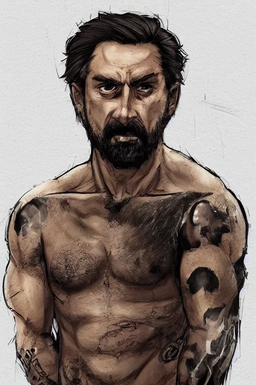 Image similar to very detailed portrait of a rugged man in his early thirties, strong jaw, ( ( deep black eyes ) ), ( ( ( latino features ) ) ), wearing a black!! t - shirt, earthy color scheme, by wlop and krenz cushart and artgerm, detailed eyes, starry background, trending, on artstation.