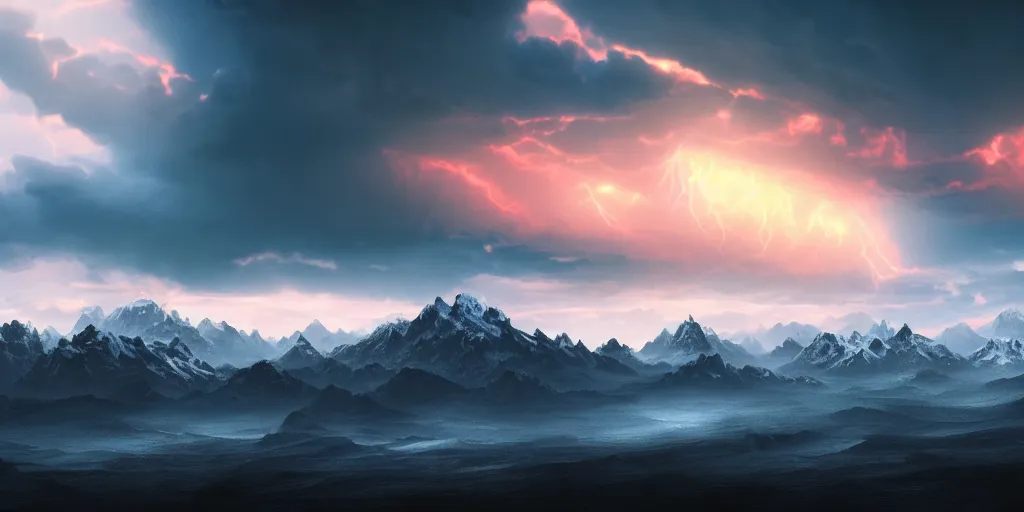 Image similar to a storm dark and brooding far away in the distance, snowcapped mountains in the foreground during sunset, nature, cinematic, hyperrealistic, evil, dark, cgsociety, 8 k