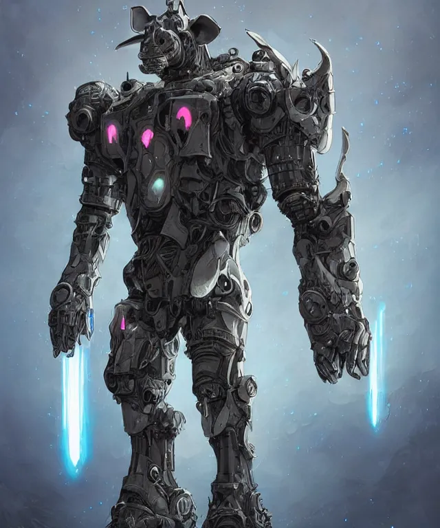 Image similar to an anthropomorphic rhinoceros portrait wearing a sci fi armor, surrealism , scifi, intricate mecha armor, elegant, highly detailed cybernetic body armor, neon glowing eyes, digital painting, artstation, concept art, smooth, sharp focus, illustration, art by Artgerm and moebius and Peter Mohrbacher,