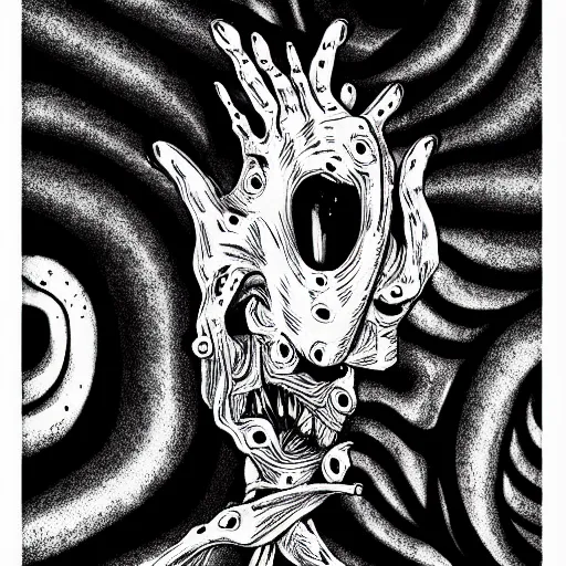 Prompt: black and white illustration creative design, fish, junji ito, body horror