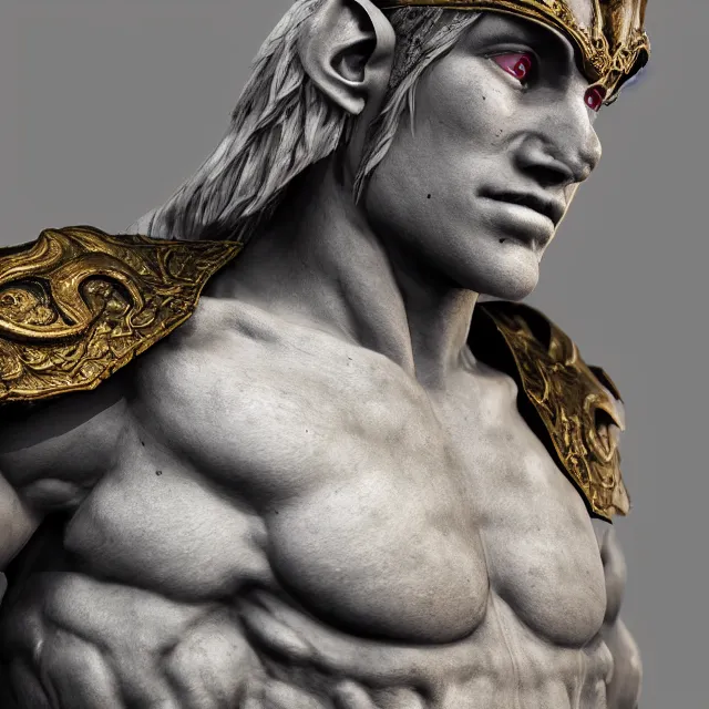 Image similar to marble sculpture of a warrior elf man, realistic, unreal engine render, octane render, hyper realistic, photo, 8 k, cinematic lighting