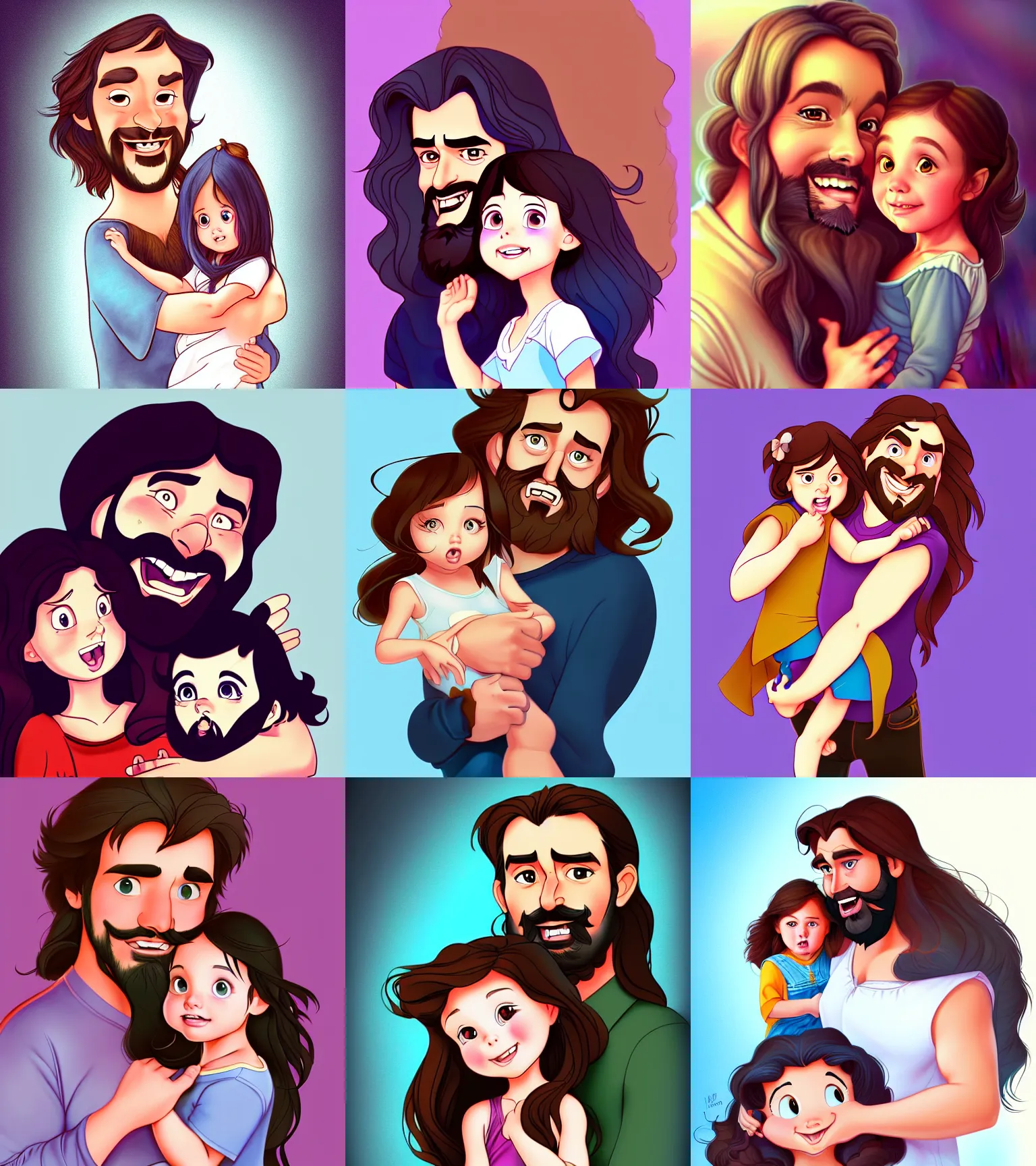 Image similar to a long - haired bearded father and his brunette child toddler girl, love, feeling, happy, full color digital illustration in the style of don bluth, artgerm, artstation trending, 4 k