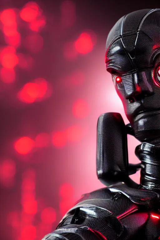 Image similar to closeup shot of a carbon black cyborg, macro shot, dof, cinematic, volumetric lighting, studio shot, red light, 4 k