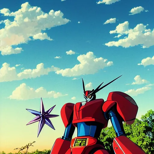 Prompt: mazinger z mecha in a pasture watching ninja turtles on a television, looking at the sky, psychedelic, highly detailed upper body, professionally post - processed, beautiful, symmetry accurate features, epic, octane rendered, anime masterpiece, ilya kuvshinov, krenz cushart, epic, unreal engine 5, lumen, nanite