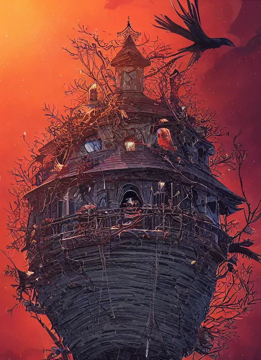 Image similar to crows nest like a wreath, cruelty, black crows, light effect, hyper detailed, intricate, elegant, highly detailed, digital painting, artstation, concept art, matte, sharp focus, illustration, by dan mumford, yusuke murata, makoto shinkai, ross tran