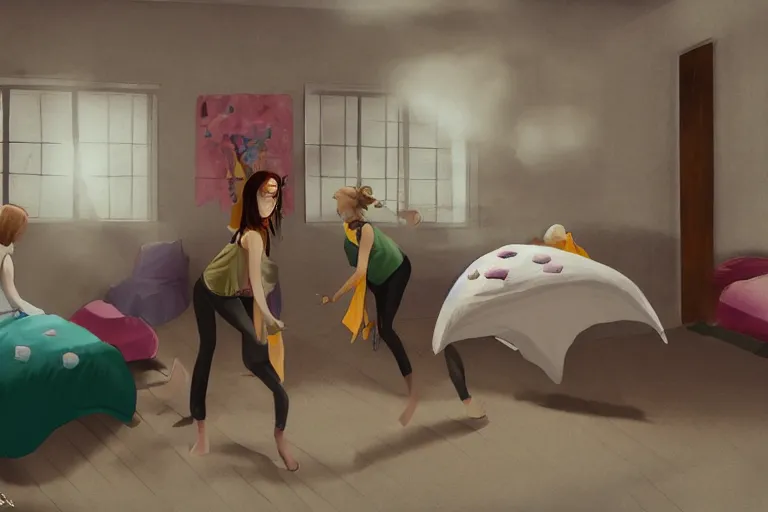 Image similar to pillow fight in the girls dormitory, concept art, cinematic