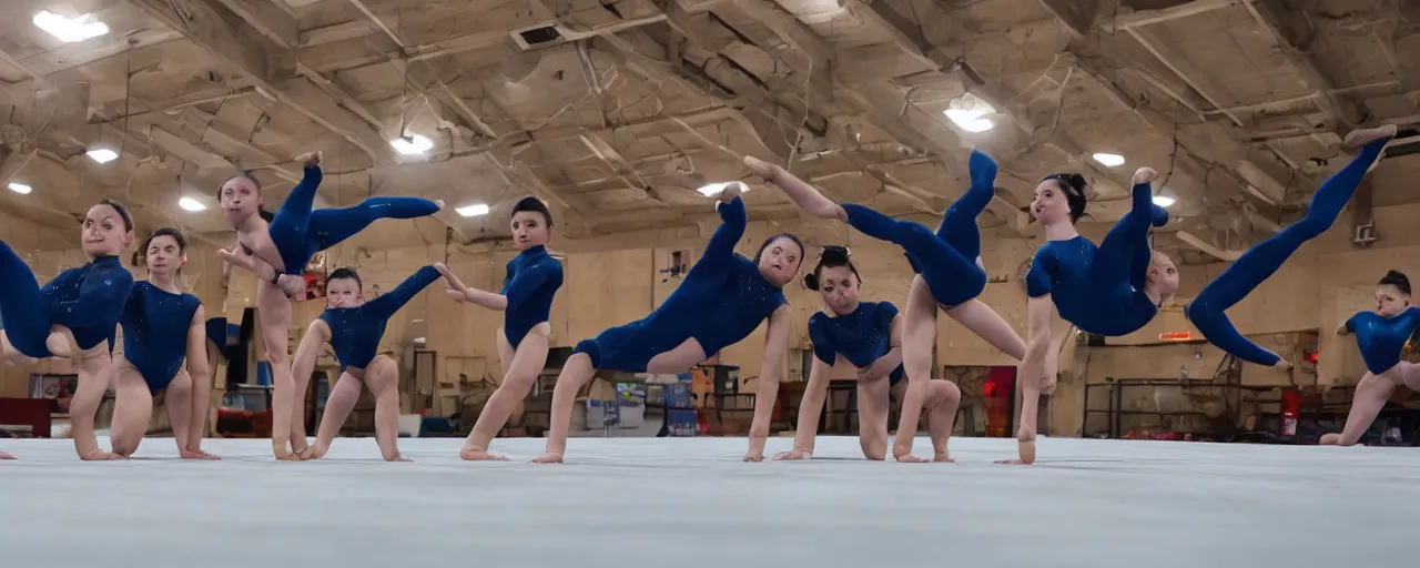 Image similar to team of gymnasts dodging laser beams, wide angle shot, 8k