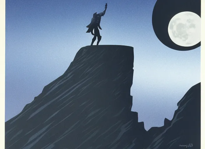 Image similar to isometric angle of moon knight standing in a crater on the moon, by ralph mcquarrie, by eyvind earle, by guillermo del toro