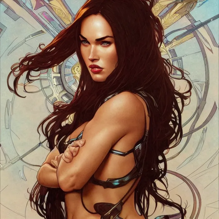 Prompt: megan fox as female ironman by artgerm, greg rutkowski, alphonse mucha