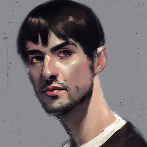 Image similar to Portrait of a man by Greg Rutkowski, he is about 30 years old, short black hair with bangs, his features are a mix between French, Turkish and Russian and he is wearing a beige and black utility jumpsuit, highly detailed portrait, digital painting, artstation, concept art, smooth, sharp foccus ilustration, Artstation HQ.