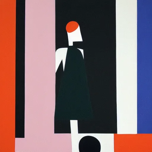 Image similar to A painting of person standing next to a window, abstract painting in the style of Sophie Taeuber-Arp and Gary Hume and Tatsuro Kiuchi, flat colour-block style, geometric abstraction, deep colours