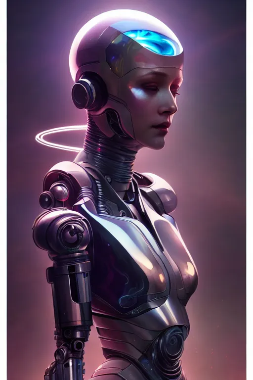 Image similar to ultra detailed, the creation of a female android, sci - fi, eerie, cyborg, cyberpunk, fantasy, triadic color scheme, octane render, matte painting, asymmetrical, intricate concept art, triadic color scheme, art by artgerm and michelangelo and dzo and greg rutkowski and alphonse mucha and wlop