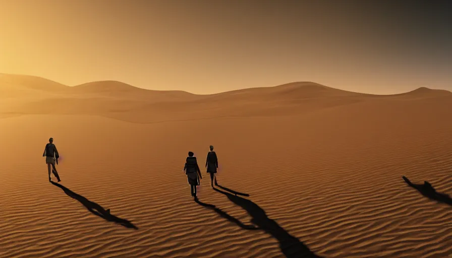 Image similar to survivors walking in desert, sand dunes, heat wave, wide view, hyperdetailed, artstation, cgsociety, 8 k