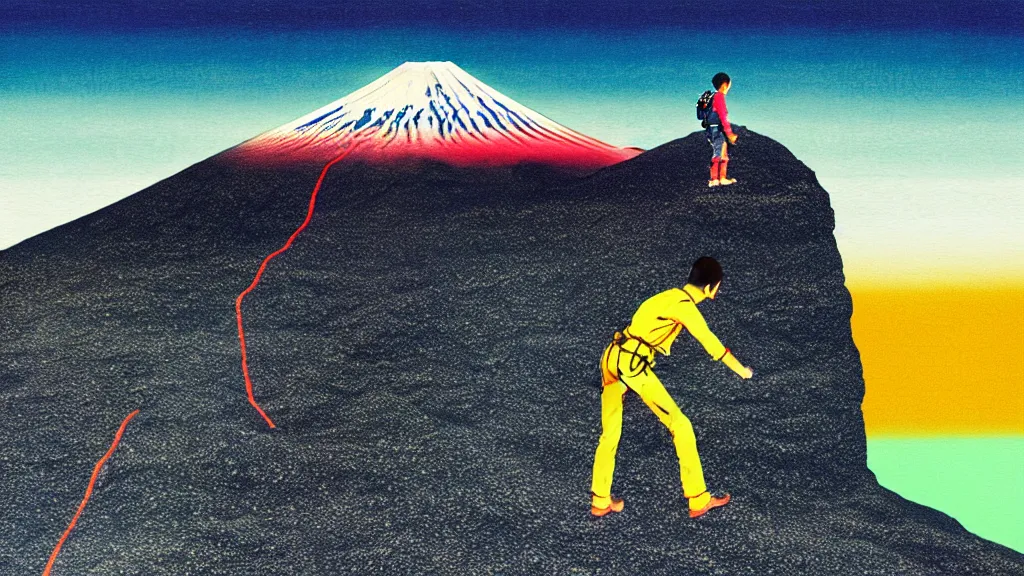 Prompt: climber at the base of mount fuji, japan, a collage painting, in the style of wes anderson, lola dupre, david hockney, isolated on negative white space background dark monochrome neon spraypaint accents volumetric octane render