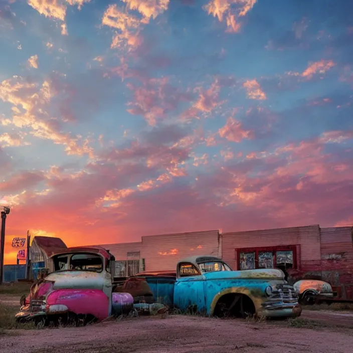 Image similar to a sunset light landscape with historical route 6 6, lots of sparkling details and sun ray ’ s, blinding backlight, smoke, volumetric lighting, colorful, octane, 3 5 mm, abandoned gas station, old rusty pickup - truck, beautiful epic colored reflections, very colorful heavenly, softlight